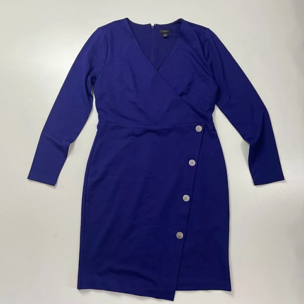 Ann Taylor Dress Midnight Regatta Blue Faux Wrap Button Asymmetrical Wedding 6